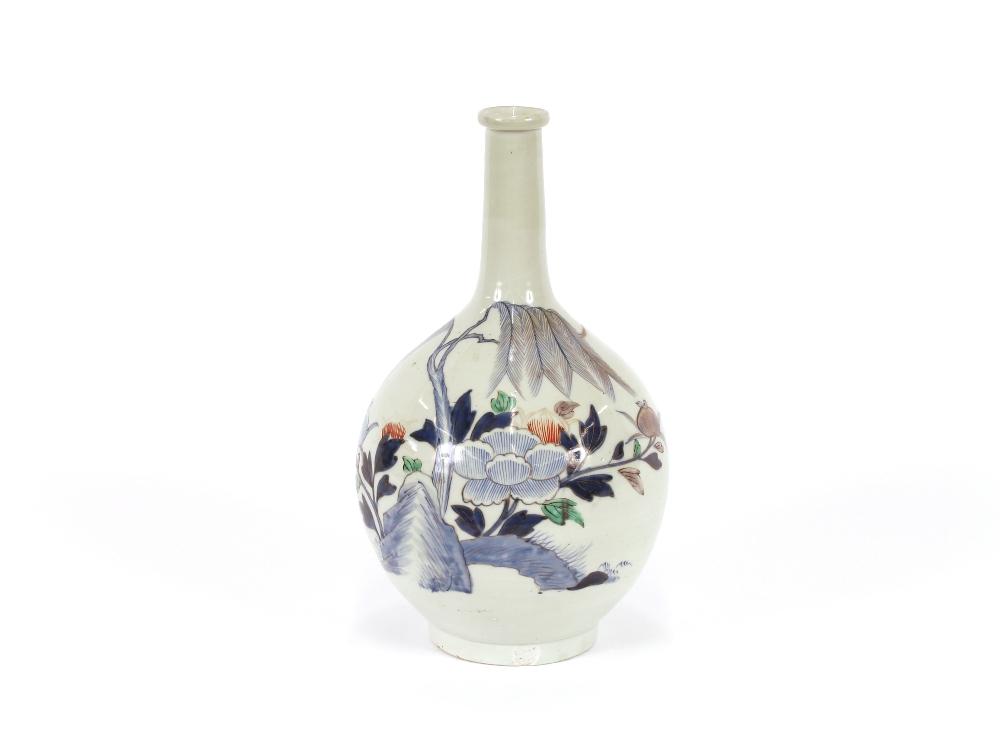 An early 18th Century Japanese Arita ware porcelain polychrome decorated bottle vase, decorated