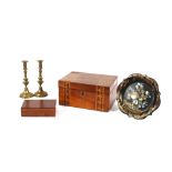 A Victorian burr walnut Tunbridge ware banded jewellery box; a small Indian hardwood brass inlaid