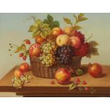 Tom Caspers, still life with fruit and basket on a stone ledge, signed oil on canvas laid on