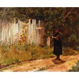 19th Century school, study of a scholar with book walking along country lane, unsigned oil on