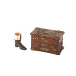 A porcelain and silver mounted boot cocktail stick holder; and a wooden trinket  box with applied