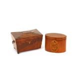 A 19th Century mahogany and satinwood inlaid elliptical tea caddy, the lid with conch shell