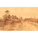 Late 19th / early 20th Century school, rural studies depicting a village street with huntsman and