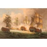 James Hardy 20th Century, a naval sea battle signed oil on canvas laid on board, 50cm x 76cm