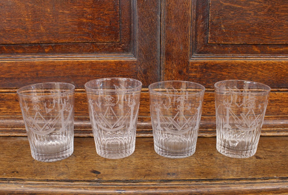 Six Masonic etched glass spirit tumblers, monogrammed GM and a hob-nail cut decorated spirit - Image 2 of 3