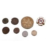 Five interesting early coins, together with 1935 five shilling piece; enamel badge etc.