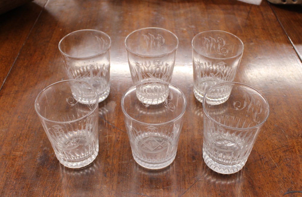 Six Masonic etched glass spirit tumblers, monogrammed GM and a hob-nail cut decorated spirit - Image 3 of 3