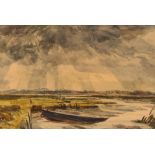 Cavendish Morton 1911-2015, scene on the river Alde with boat in the near ground, signed and dated