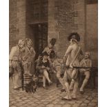 Jules Jacquet, pencil signed etching of a artist sketching French soldiers in a courtyard, pencil