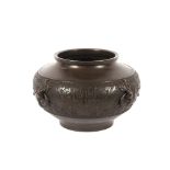 A large Chinese bronze baluster censer, with ring handles and floral motifs, 26cm high x 37cm dia.