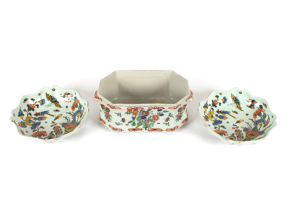 Three pieces of 19th Century French polychrome decorated faience ware, to include an octagonal