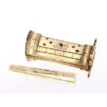 An Antique bone cribbage board, with scrimmed decoration of a sailing ship, inscribed "Emma"; and an