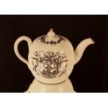 A rare and unusual Masonic creamware bullet shaped teapot, decorated with symbols, the spout and