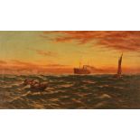 Sidney F Cook, steamer and fishing boats off the coast, oil on canvas signed and dated 1918, 34cm