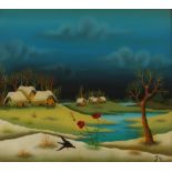 Kovacic 1972, reverse painting on glass, wintry landscape with bird in the foreground, buildings and