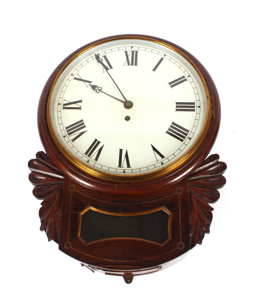 A 19th Century mahogany and brass inlaid drop dial wall clock, circular white enamel dial with Roman