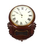 A 19th Century mahogany and brass inlaid drop dial wall clock, circular white enamel dial with Roman