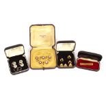 A cased set of enamel and mother of pearl decorated dress studs; various others, and a tie clip