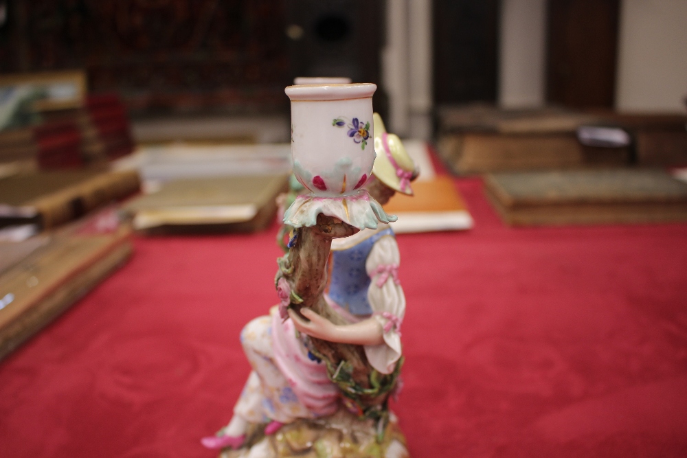 A pair of 19th Century Meissen porcelain figural candlesticks, depicting maid and youth seated on - Image 14 of 21