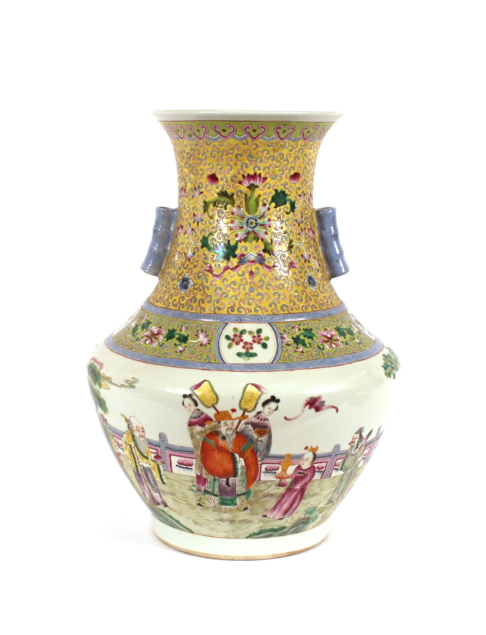 A large pair of Chinese baluster vases, decorated with figures and flowers on a yellow and green