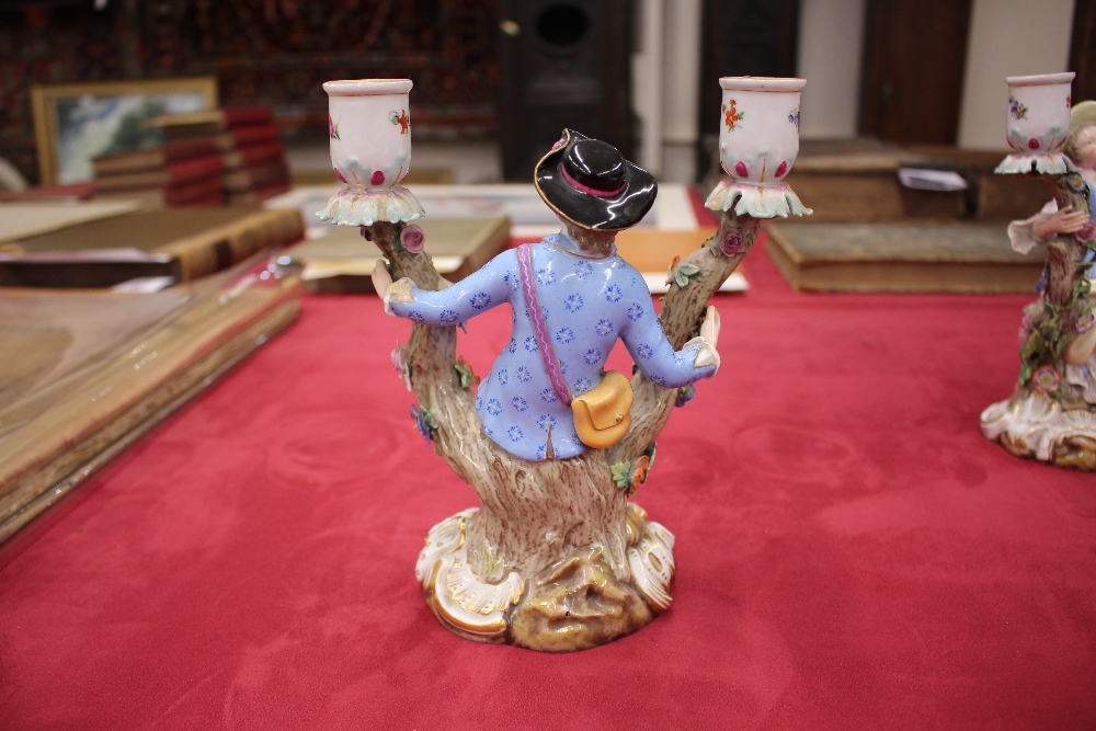 A pair of 19th Century Meissen porcelain figural candlesticks, depicting maid and youth seated on - Image 19 of 21