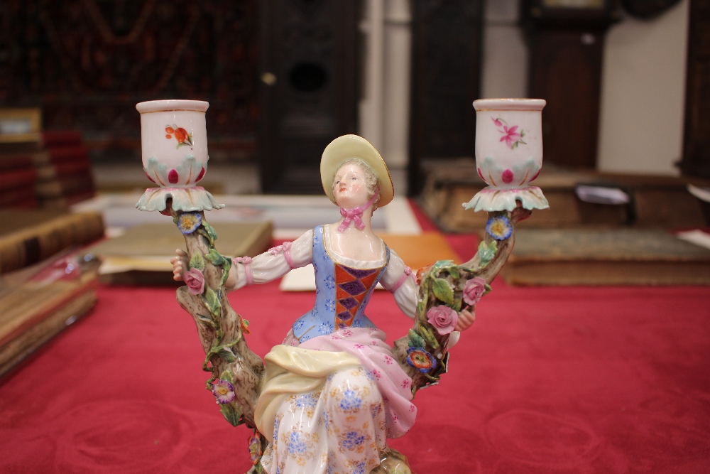 A pair of 19th Century Meissen porcelain figural candlesticks, depicting maid and youth seated on - Image 13 of 21