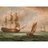 James Hardy 20th century, war ships at sea signed oil on canvas laid on board, 50cm x 69cm