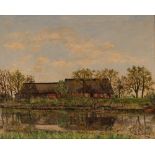 W. Kikúts, study of cottage and barns by a river bank, signed oil on canvas, dated 1946, 40cm x