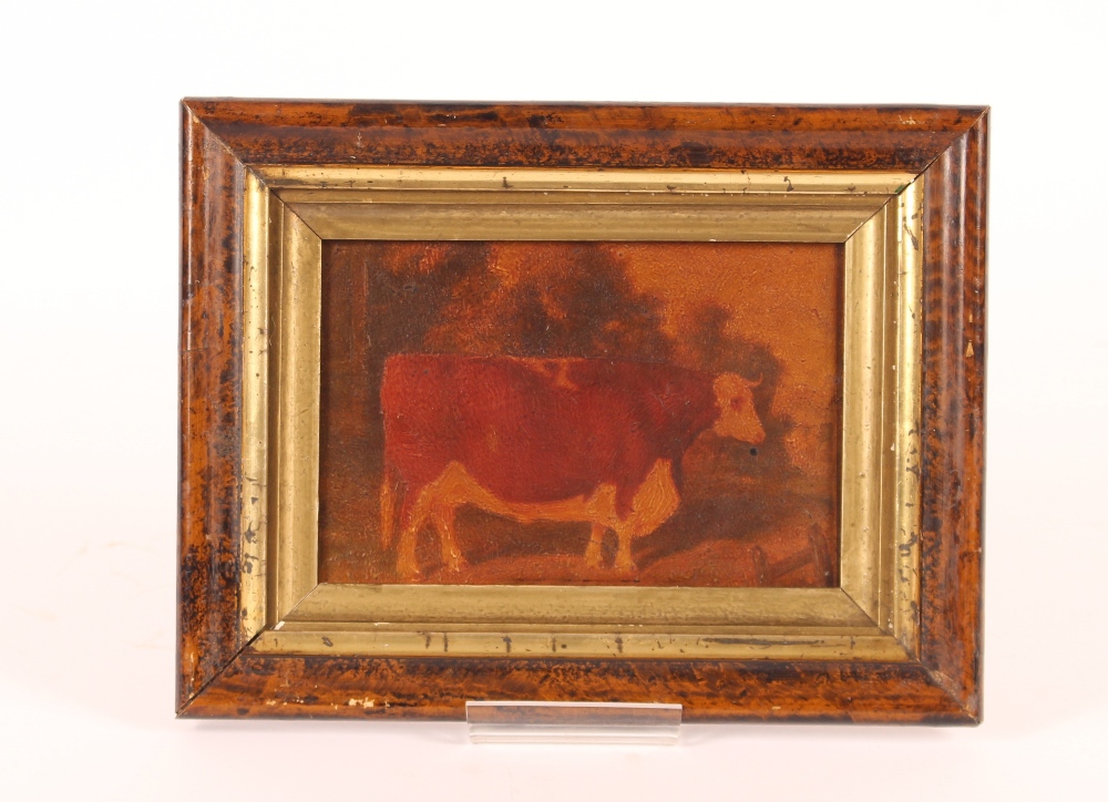 Herbert St John Jones 1870-1939, prize bull in a landscape, oil on board inscribed verso 11cm x 17cm - Image 2 of 2