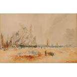 Houston Smith, study of fishing vessels and a steam tug at a busy harbour, signed watercolour