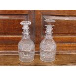 A pair of 19th Century Masonic glass decanters, with hob-nail and split decoration, triple ring