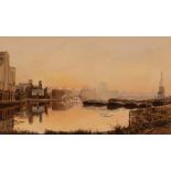 Margaret Glass, "Early morning, Ipswich Docks", monogrammed pastel, 39cm x 67cm