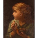 English school 19th Century, study of a pretty girl holding a birds nest oil on canvas, 45cm x 55cm