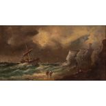 English School mid 19th Century, ship wreck in a storm, wreckers under cliffs on the foreshore,
