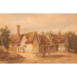 19th Century school, study of a figure outside of a cottage, indistinctly signed watercolour, 27.5cm