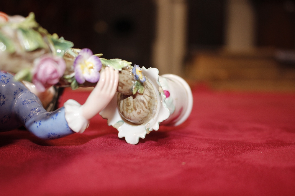 A pair of 19th Century Meissen porcelain figural candlesticks, depicting maid and youth seated on - Image 10 of 21