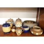 Five various Doulton tobacco jars; two match strikers; a Slaters patent jug; matching sucrier;