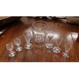 Three 18th Century English drinking glasses, of conical form; three smaller drinking glasses of