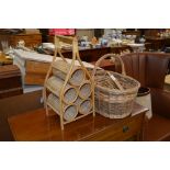 A wicker basket and a cane wine rack