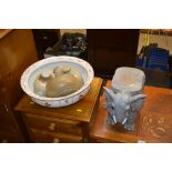 An Edwardian washbowl; two stoneware hot water bot