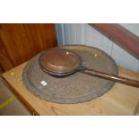 A Victorian copper warming pan; and a Benares bras