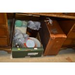 A box of kitchenalia; and a suitcase
