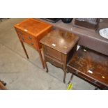 An oak sewing box with contents and fitted single