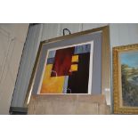 A large modern abstract print in silvered frame
