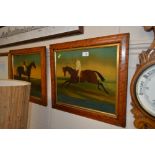 A pair of maple framed coloured prints depicting "