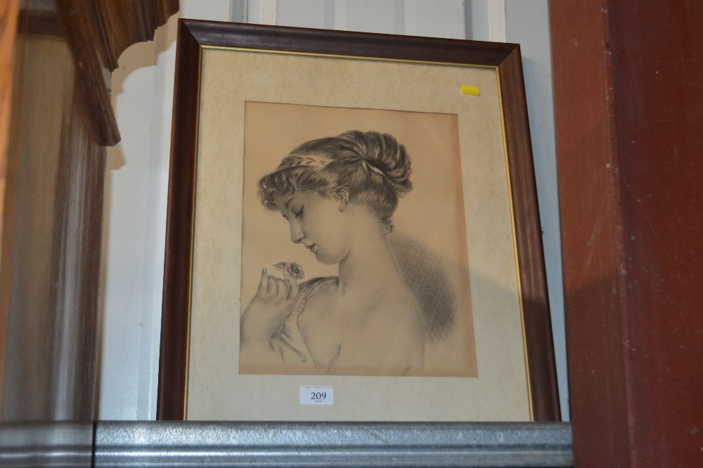 A framed and glazed pencil sketch of a lady