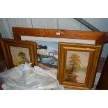 A pair of gilt framed oil on board paintings of tr