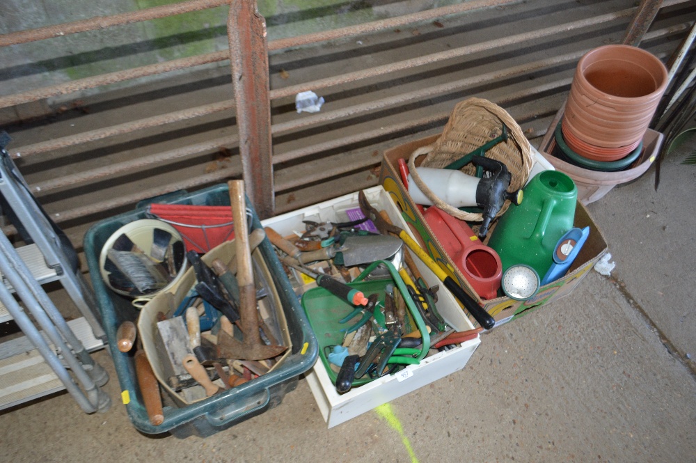 Three boxes of various gardening tools and a small