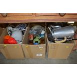 Three boxes of mostly kitchenalia and various enam