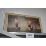 An oil on canvas of boats at sea